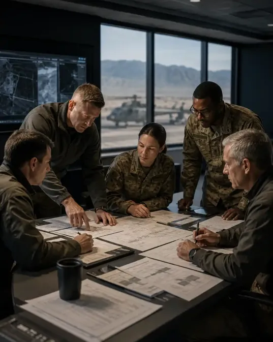 Special Ops team discussing programs